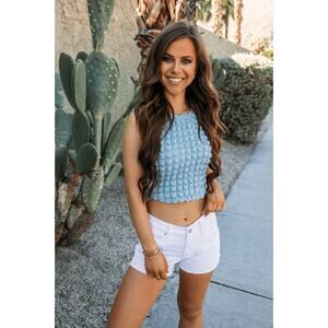 White Fox Bubble Texture Round Neck Sleeveless Cropped Top Blue Women's Small